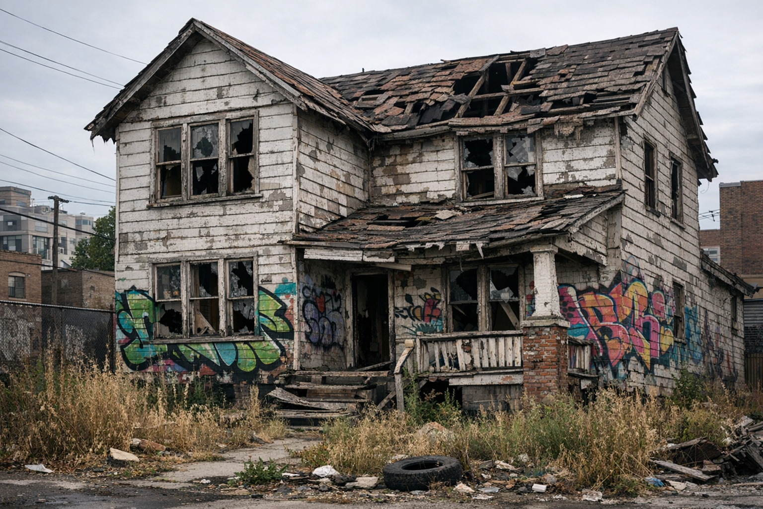 Dilapidated property with graffiti showing neglect
